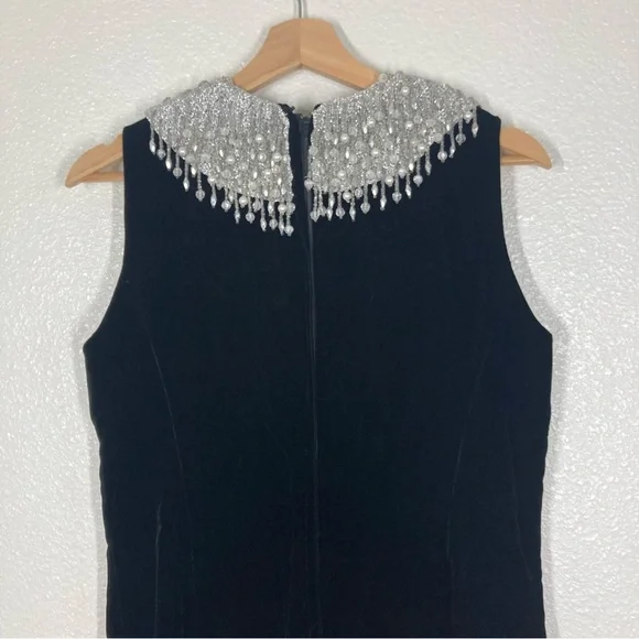 Joseph Magnin Vintage 70s Dress M velvet Embellished Black Silver stones Glam - Picture 12 of 16